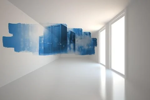 Abstract screen in room showing server towers Stock Photos