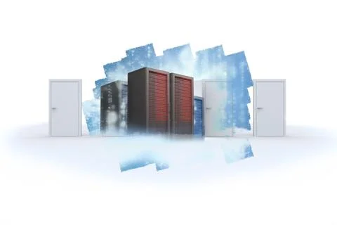 Abstract screen in room showing server towers Stock Photos