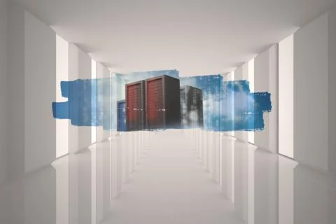 Abstract screen in room showing server towers Stock Photos