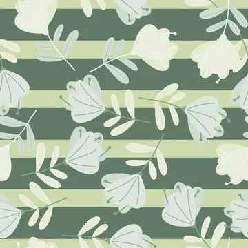 Abstract scribble botanic flowers seamless pattern. Green striped background. Illustrazione stock