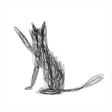 Abstract Scribble Cat Vector Illustration, Sitting Kitten Waving Paw Line Art Stock Illustration