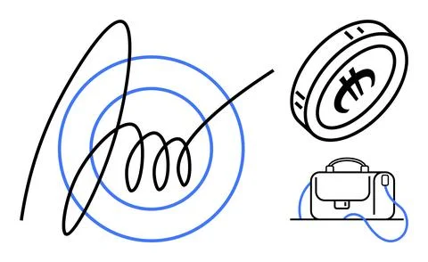 Abstract scribble intersects concentric circles, cryptocurrency coin with Bit Stock Illustration