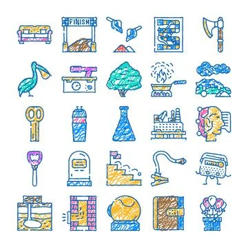 Abstract scribbled icons collection depicting various objects and concepts Illustrazione stock