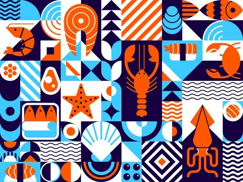 Abstract seafood modern geometric pattern, sushi Illustrazione stock