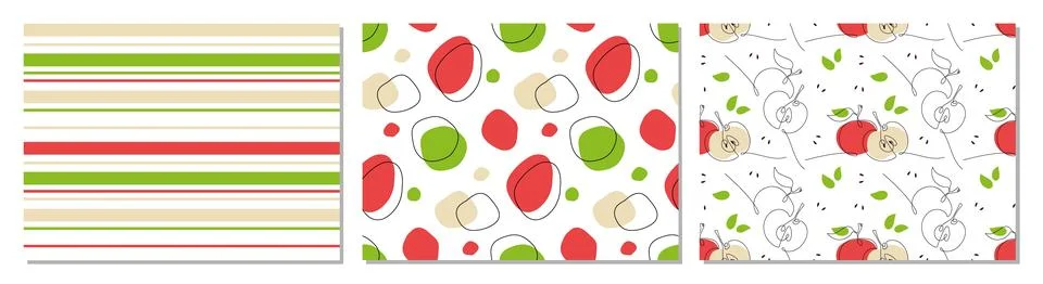 Abstract Seamless apple fruit patterns. Three pattern set. Abstract apples Stock Illustration