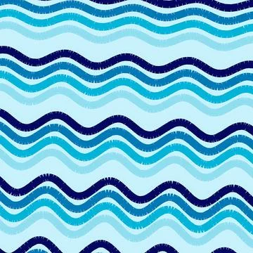 Abstract Seamless Blue Wavy Pattern, Hand-Drawn Textured Nautical Background Stock Illustration