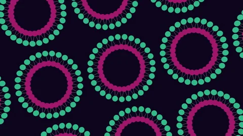 Abstract seamless circular pattern animation with teal and red dots on dark 스톡 동영상 330063703