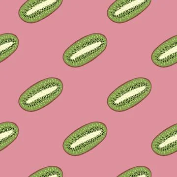 Abstract seamless doodle pattern with green kiwi silhouettes and pink backgro Stock Illustration