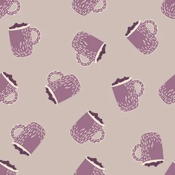 Abstract seamless doodle pattern with purple cocoa cup ornament. Pastel backg Stock Illustration