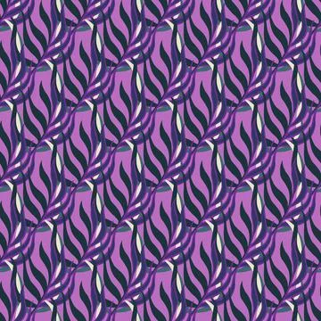 Abstract seamless doodle pattern with purple palette tropic leaf branches orn Illustrazione stock