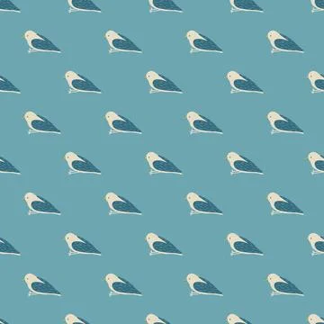 Abstract seamless flying animal pattern with doodle bird silhouettes. Blue pa Stock Illustration