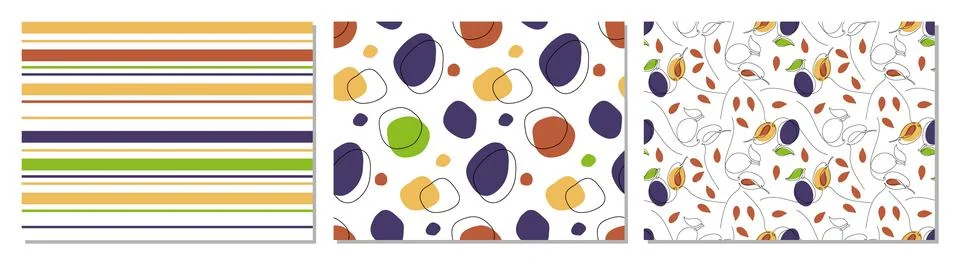 Abstract Seamless fruit patterns. Three pattern set. Abstract plum, spots Stock Illustration