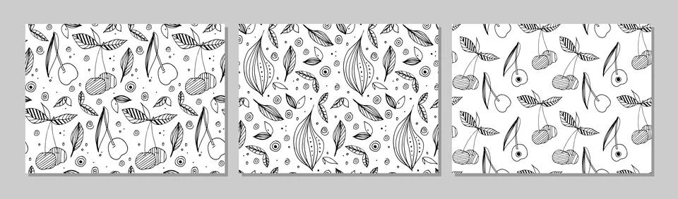 Abstract Seamless fruits patterns. Three pattern set. Decorative cherry with Stockillustratie