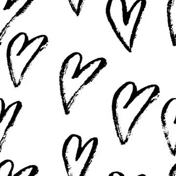 Abstract seamless hearts pattern. Ink grunge illustration. Black and white Stock Illustration