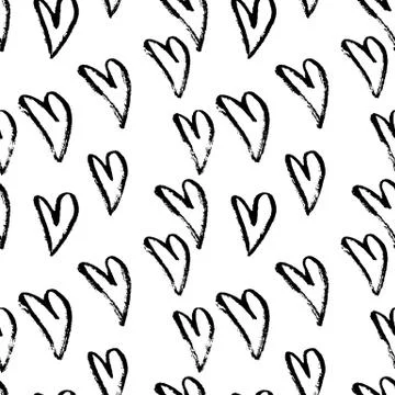 Abstract seamless hearts pattern. Ink grunge illustration. Black and white 스톡 일러스트