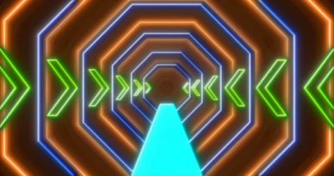 Abstract seamless loop orange blue and green neon VJ tunnel with arrows Stock Footage 124027469