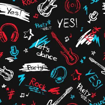 Abstract seamless modern vector pattern with guitar, headphones, spray paint, Stockillustratie
