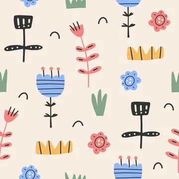 Abstract seamless pattern with abstract exotic leaves and flowers on a beige 스톡 일러스트