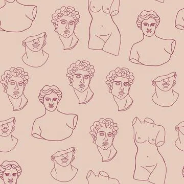 Abstract seamless pattern with antique elements,Greek Gods and Goddess sculpture Stock Illustration