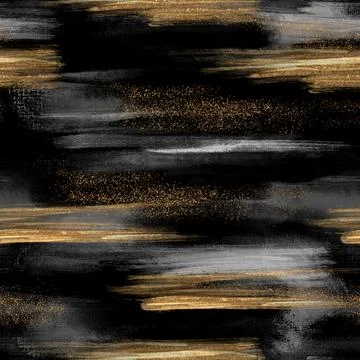 Abstract seamless pattern art texture. Golden brushstrokes on black background Stock Illustration