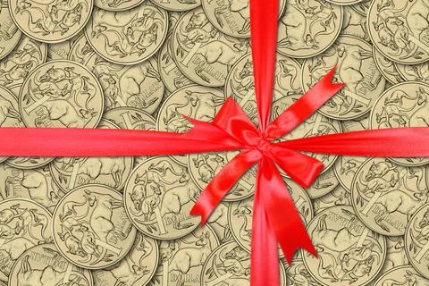 Abstract seamless pattern background. Australian one dollar coins gift tied.. Stock Photos