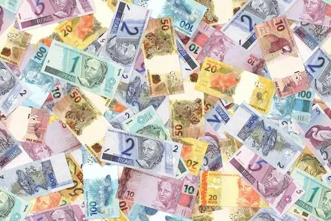 Abstract seamless pattern background Brasil Reals banknotes Stock Photos