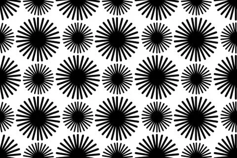 Abstract seamless pattern of black circles with rays on white background Illustrazione stock