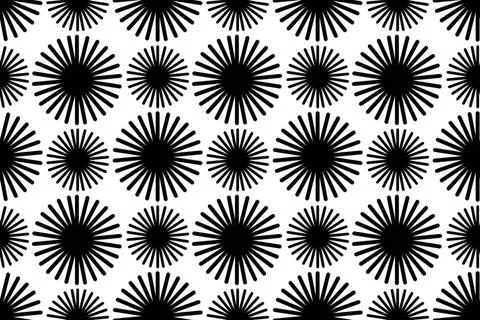 Abstract seamless pattern of black circles with rays on white background S... Stock Photos