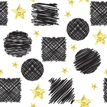 Abstract seamless pattern with black ink scribble circles and squares Stock Illustration