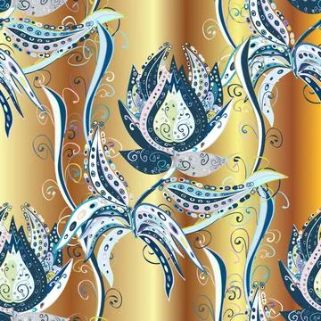 Abstract seamless pattern on blue, neutral and beige colors with bright flowers. Stockillustratie