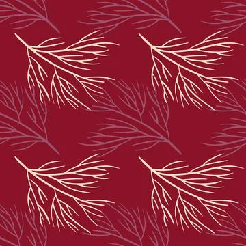 Abstract seamless pattern with botanic tree branches ornament. Maroon backgro Stock Illustration