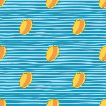 Abstract seamless pattern with bright orange apricot elements. Blue striped b Stock Illustration