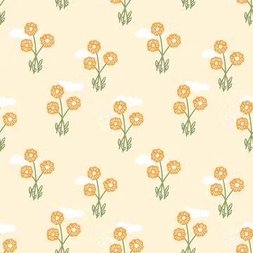 Abstract seamless pattern with bright orange flowers on beige background. Spring Stock Illustration