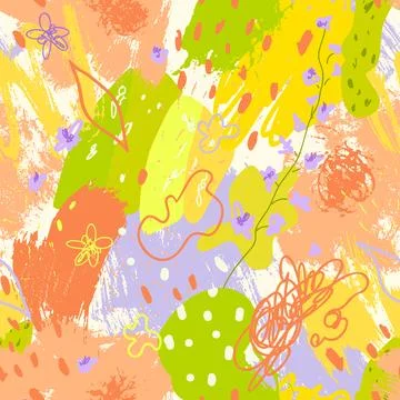 Abstract seamless pattern with brush strokes textures in memphis style in bright Stock Illustration