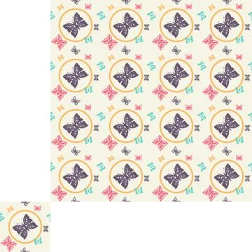 Abstract seamless pattern with butterflies, circles and pattern unit. Stock Illustration