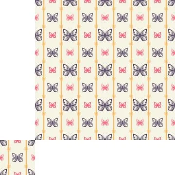 Abstract seamless pattern with butterflies, yellow lines and pattern unit. Stock Illustration