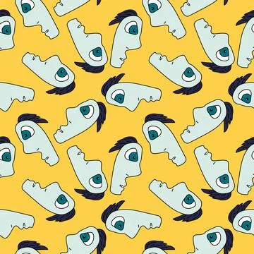 Abstract seamless pattern with chaotic cute man faces Stock Illustration