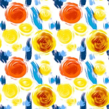 Abstract seamless pattern with circle of yellow, orange and blue color on white Stock Illustration