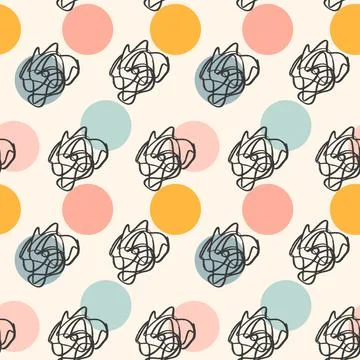 Abstract seamless pattern with circles and scribbles in trendy pastel colors Stock Illustration