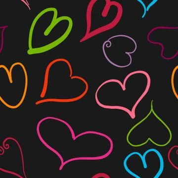 Abstract seamless pattern with colored hearts and black background. Valentine Illustrazione stock