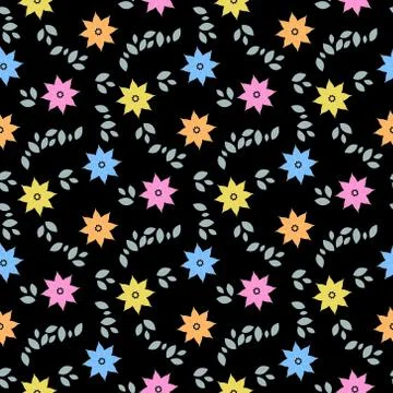 Abstract seamless pattern with colorful flowers and leaves on black backgroun Stock Illustration