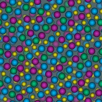 Abstract seamless pattern with colorful voluminous different balls on gray. Illustrazione stock