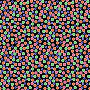 Abstract seamless pattern with colorful voluminous different balls on black. Stock Illustration