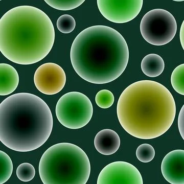 Abstract seamless pattern with colorful voluminous different balls on green. Stock Illustration
