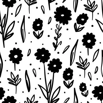 Abstract seamless pattern with cute hand drawn meadow flowers. Stock Illustration