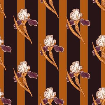 Abstract seamless pattern with decorative iris flower silhouettes. Brown and  Stock Illustration