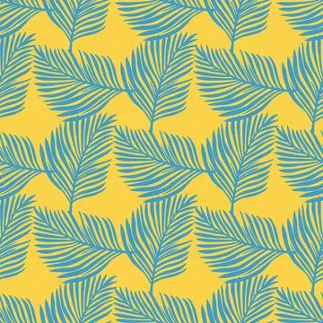 Abstract seamless pattern with doodle blue fern leaves silhouettes. Yellow br Stock Illustration