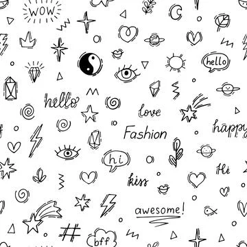 Abstract seamless pattern with doodle boho elements. Hand drawn background... Stock Illustration