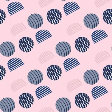 Abstract seamless pattern with doodle circles. Navy blue stripped elements on Illustrazione stock