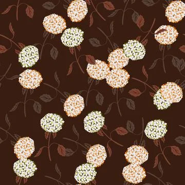 Abstract seamless pattern with doodle hydrangea flowers shapes. Dark brown ba Stock Illustration